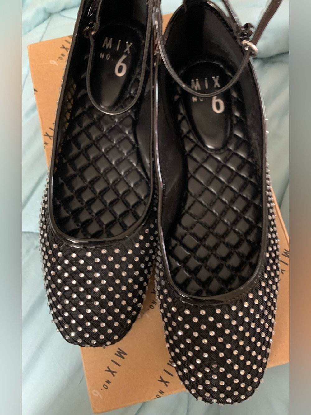 Mix No6 Black Crystal-Studded Ballet Flats with Ankle Strap